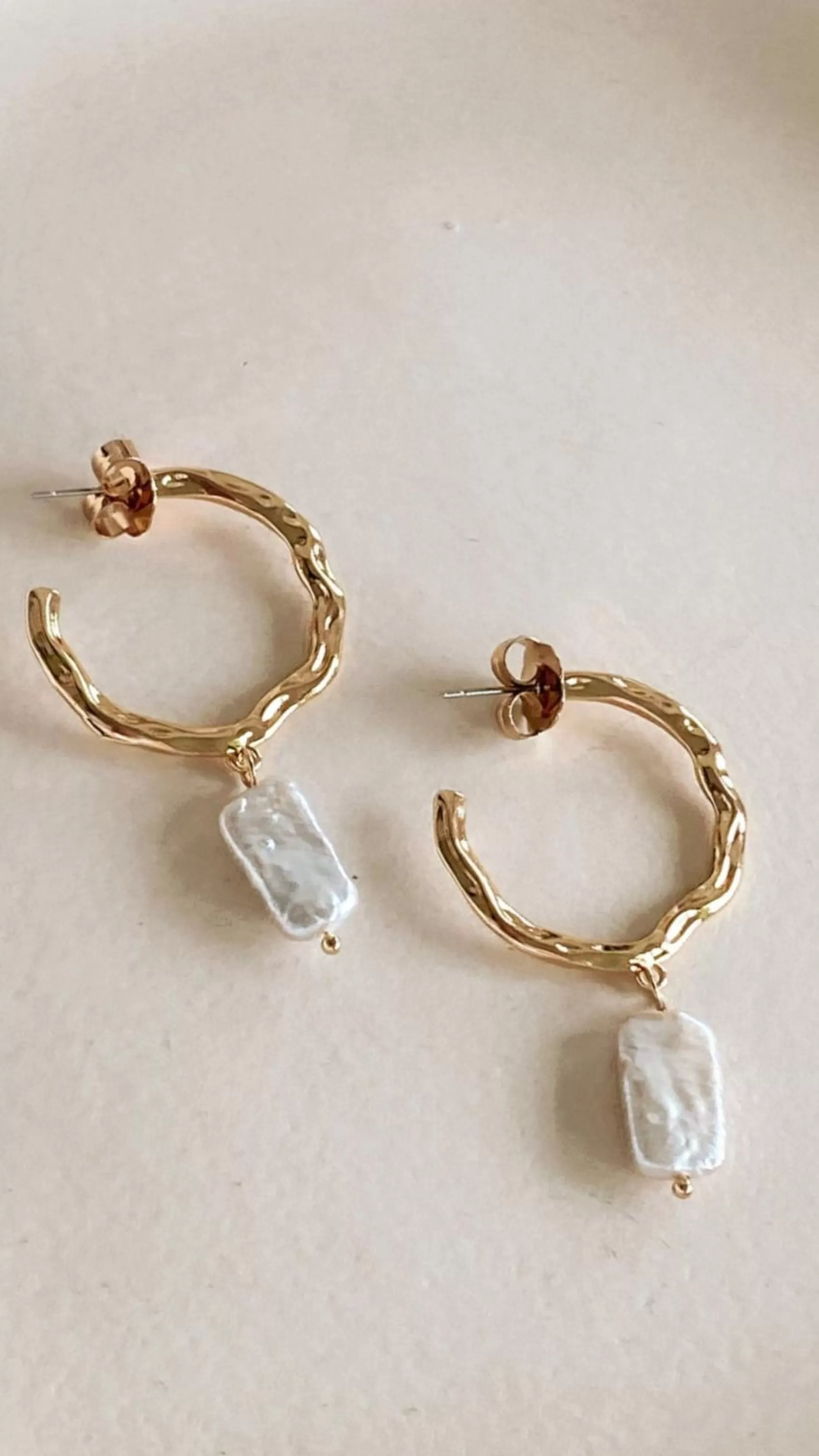 Beaten Metal Pearl Drop Hoops - | Billy J Shop