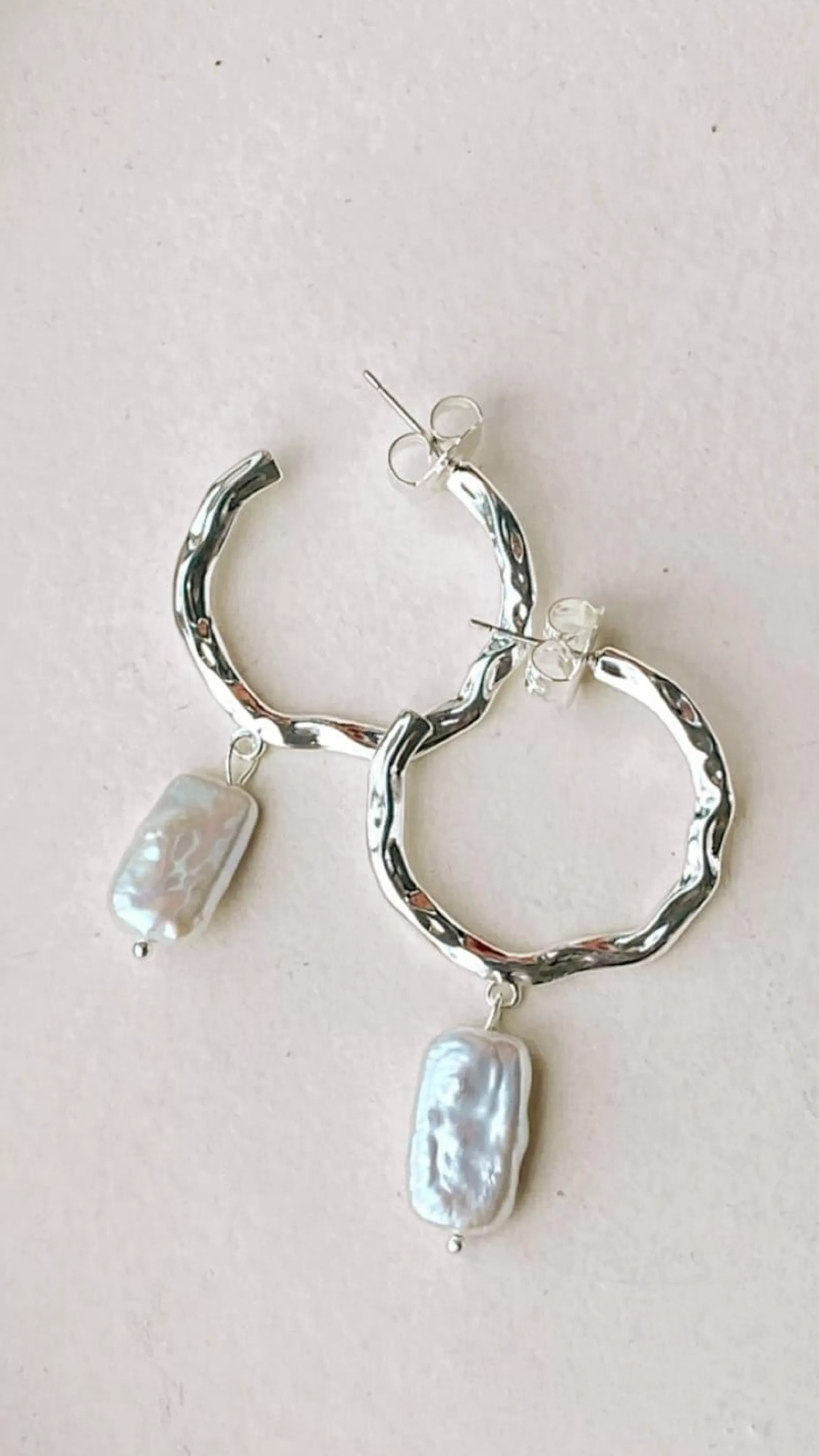 Beaten Metal Pearl Drop Hoops - | Billy J Discount